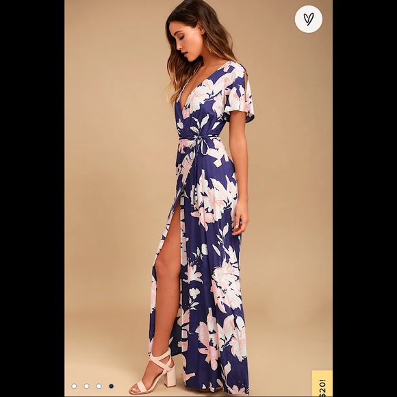Lulu’s Azalea Regalia Navy Blue Floral Print Wrap Maxi Dress size L - Picture 4 of 7